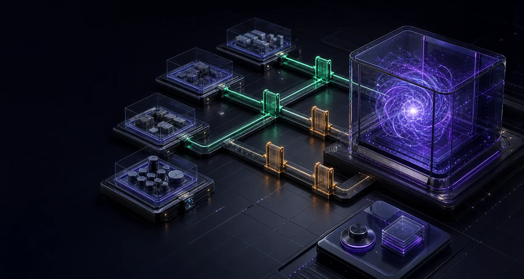 An abstract AI collaborator inside a permission boundary with selected authorised routes