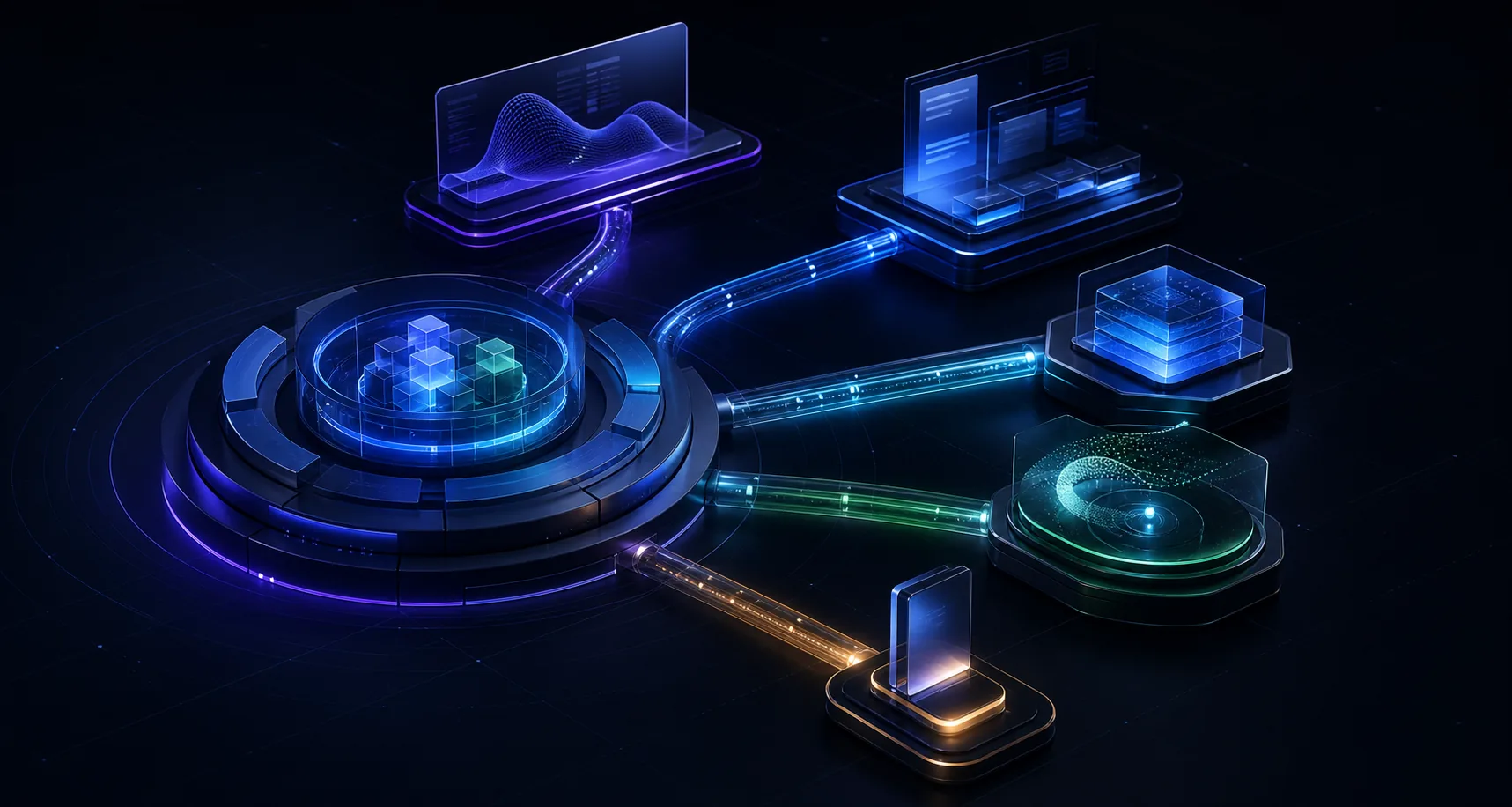 A central modular environment connected to several different digital product outcomes